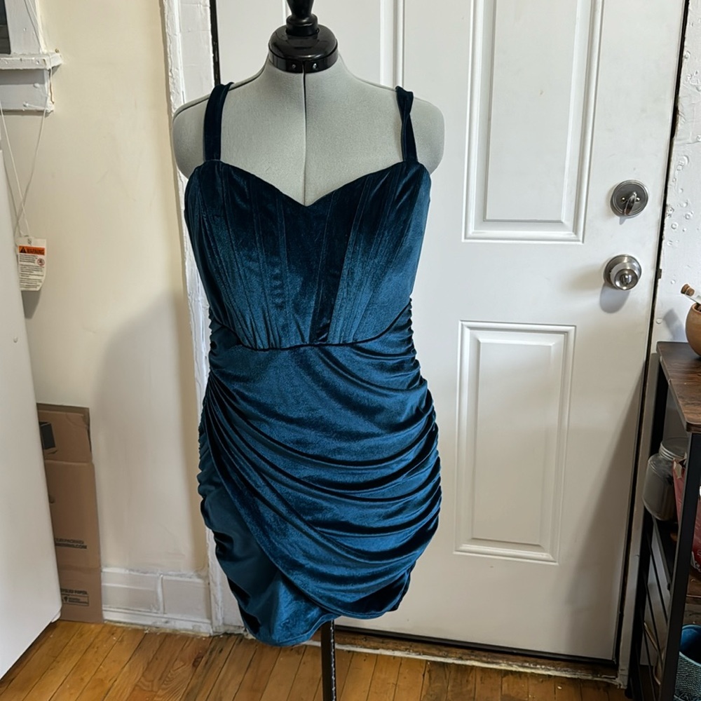 Akira velvet side rouched tulip mini dress in blue